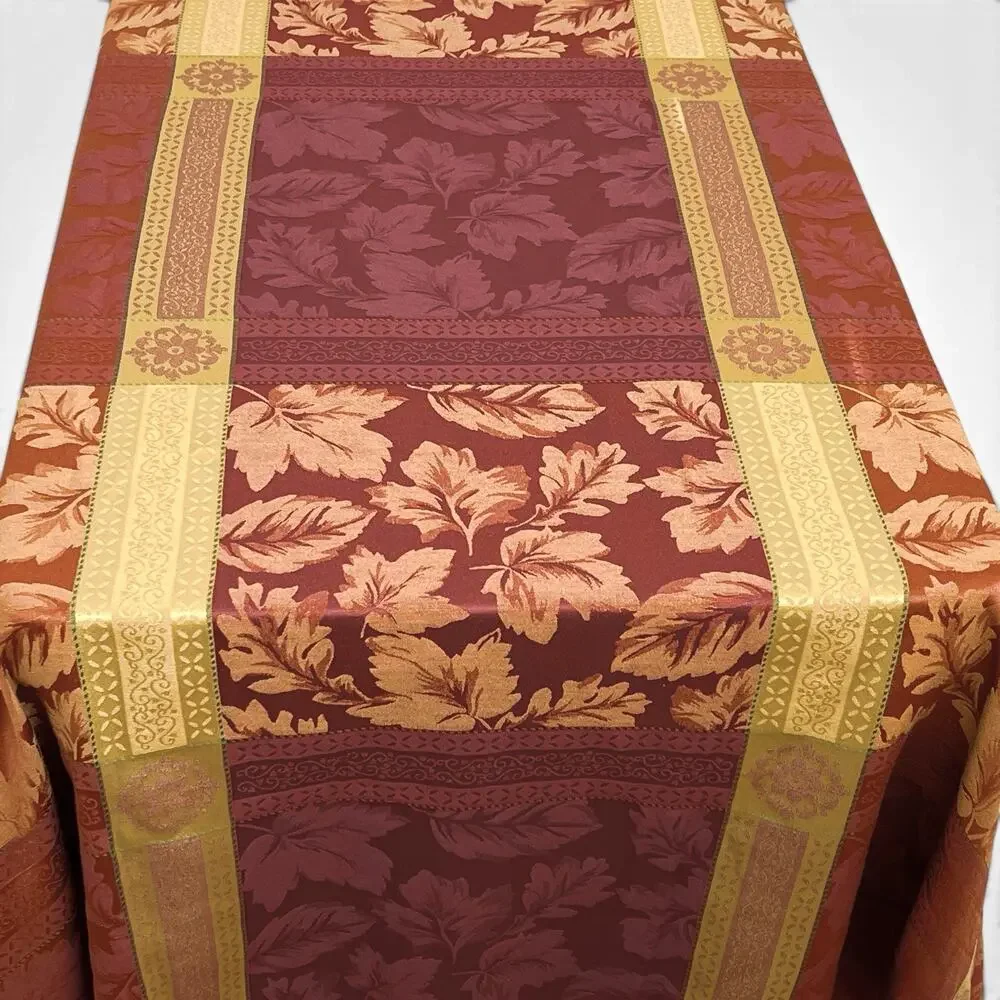 Autumn Leaves Tablecloth Woven Jacquard 98x58 Oblong Gold Red Fall Harvest